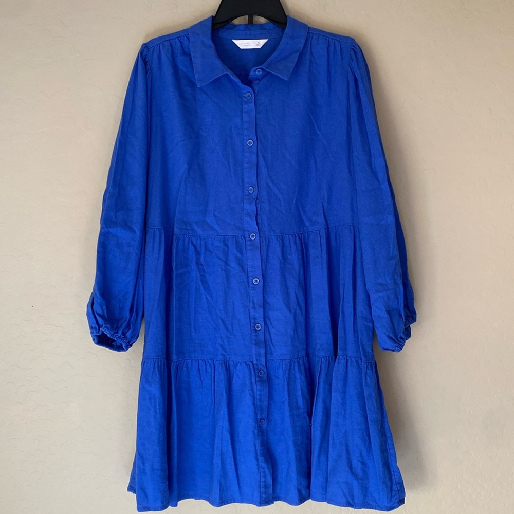 LC Lauren Conrad, XL, blue button up dress with long bubble sleeves